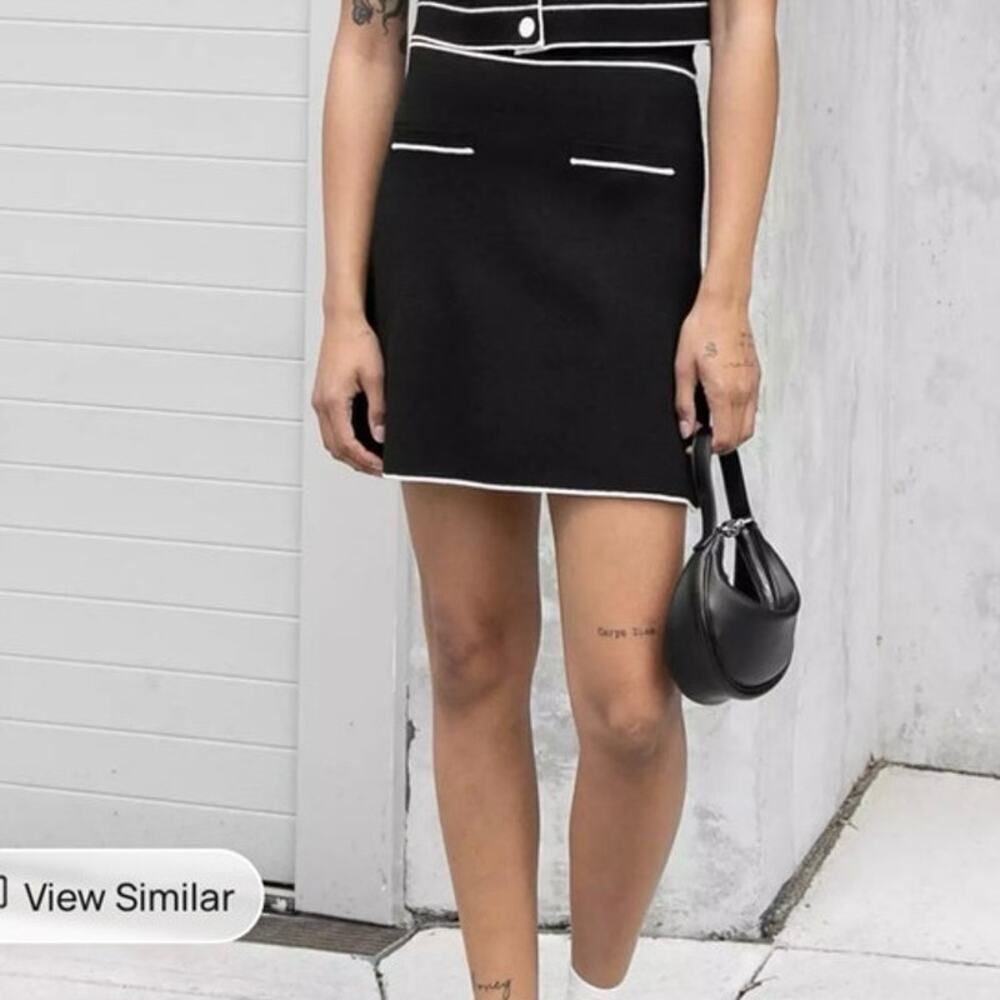 Oak + Fort black white knit mini skirt a line small casual relaxed welt pockets